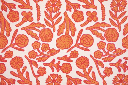 Day Printed Fabric in Hot Pink, showcasing playful abstract florals in vivid pink tones on natural linen, offering a dynamic and artistic interior statement.