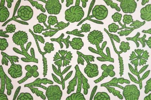 Day Printed Fabric in Green, with abstract floral outlines filled in rich green against natural linen, adding fresh, hand-painted charm to soft furnishings.