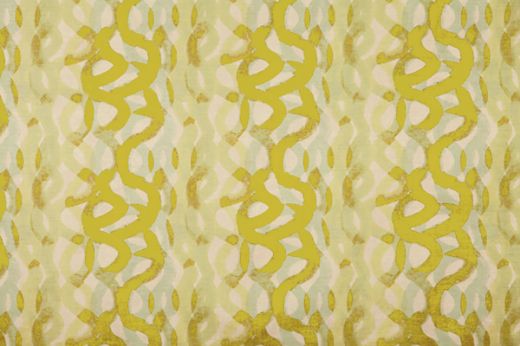 Soft sage green abstract squiggle pattern on linen with tonal variation – artisan fabric ideal for sophisticated interiors.