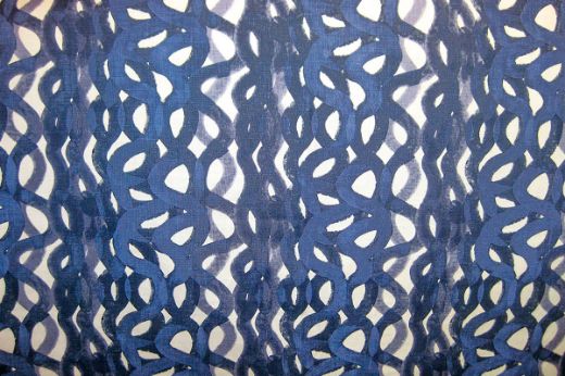 Abstract squiggle print in layered indigo tones on linen fabric by Christopher Farr Cloth – perfect for upholstery and drapery.