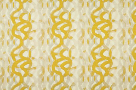 Vibrant lemon yellow squiggle print with layered tones on linen – designer abstract fabric for contemporary furnishings.
