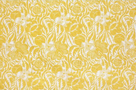 Bright lemon yellow floral linen with hand-drawn blooms and dotted centres, reinterpreted from Raoul Dufy’s vibrant design language.