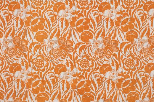Bold orange botanical print on linen fabric showcasing rhythmic floral shapes and Dufy’s distinctive illustrative style.