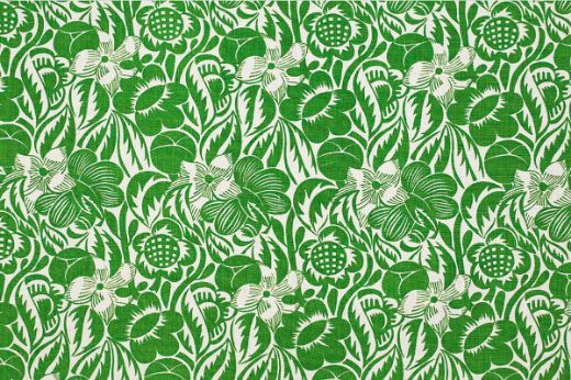 Decorative linen fabric in rich green featuring stylised botanical forms and layered florals, inspired by Raoul Dufy’s iconic archive works.