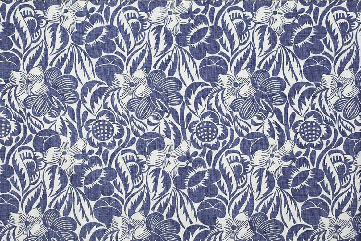 Decorative linen fabric in rich indigo blue featuring expressive floral motifs from the Raoul Dufy archive, reimagined by Christopher Farr Cloth.