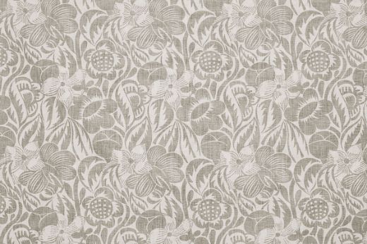 Soft smoke grey printed linen fabric with painterly floral motifs drawn from the Raoul Dufy archive, perfect for elegant, subdued interiors.