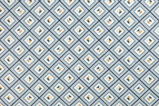 Bold geometric fabric in deep indigo with layered diamonds and vibrant stripes, designed by AND Objects for Christopher Farr Cloth.