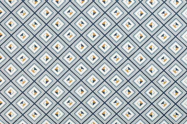 Bold geometric fabric in deep indigo with layered diamonds and vibrant stripes, designed by AND Objects for Christopher Farr Cloth.