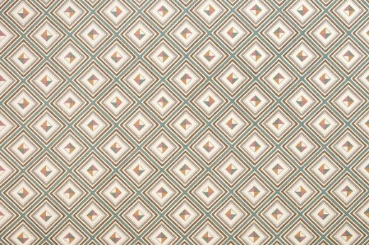 Warm honey-toned printed fabric with layered geometric shapes and retro-inspired stripe detailing, full of depth and energy.