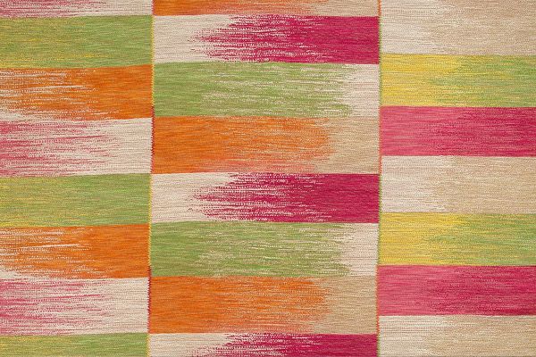 Vibrant Lime Ikat Weave Fabric featuring pinks, orange, and lime green interwoven with natural tones, creating a lively and dynamic design.