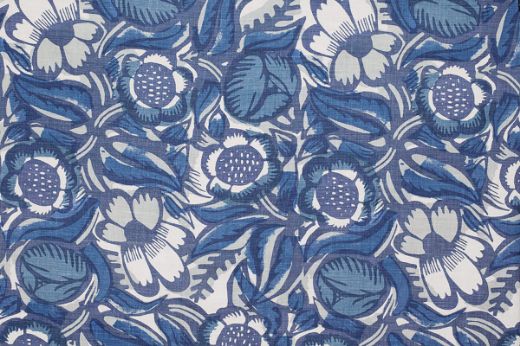 La Forêt Printed Fabric in Indigo—expressive mid-century floral print in blue and white tones, offering a crisp and artistic statement.