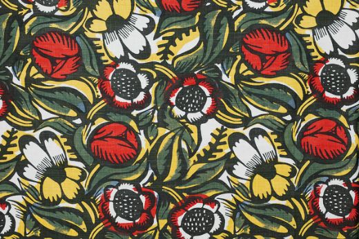 La Forêt Printed Fabric in Berry—bold abstract florals in red, yellow, and olive green, bringing warmth and vintage character to any interior.