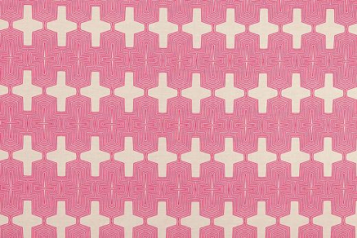 Laguna Printed Fabric in Hot Pink – contemporary Aztec-style motif in energetic hot pink, screen printed on natural linen cloth.