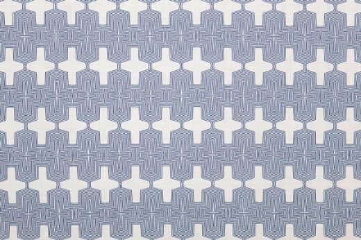 Laguna Printed Fabric in Indigo – rich indigo geometric pattern with Aztec influences, printed on a soft white and natural linen base.