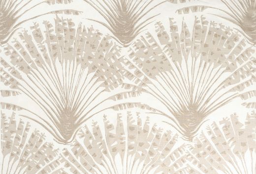Subtle Palma print with organic shapes in muted tones on a white linen background, offering a refined, earthy look with a soft yet impactful design.