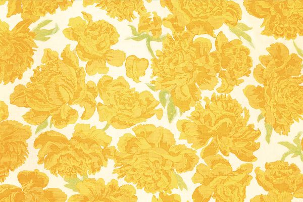 Lemon – Peonies Printed Fabric in Lemon; soft yellow floral print with pale green foliage on natural linen, evoking a warm and sunlit garden feel.