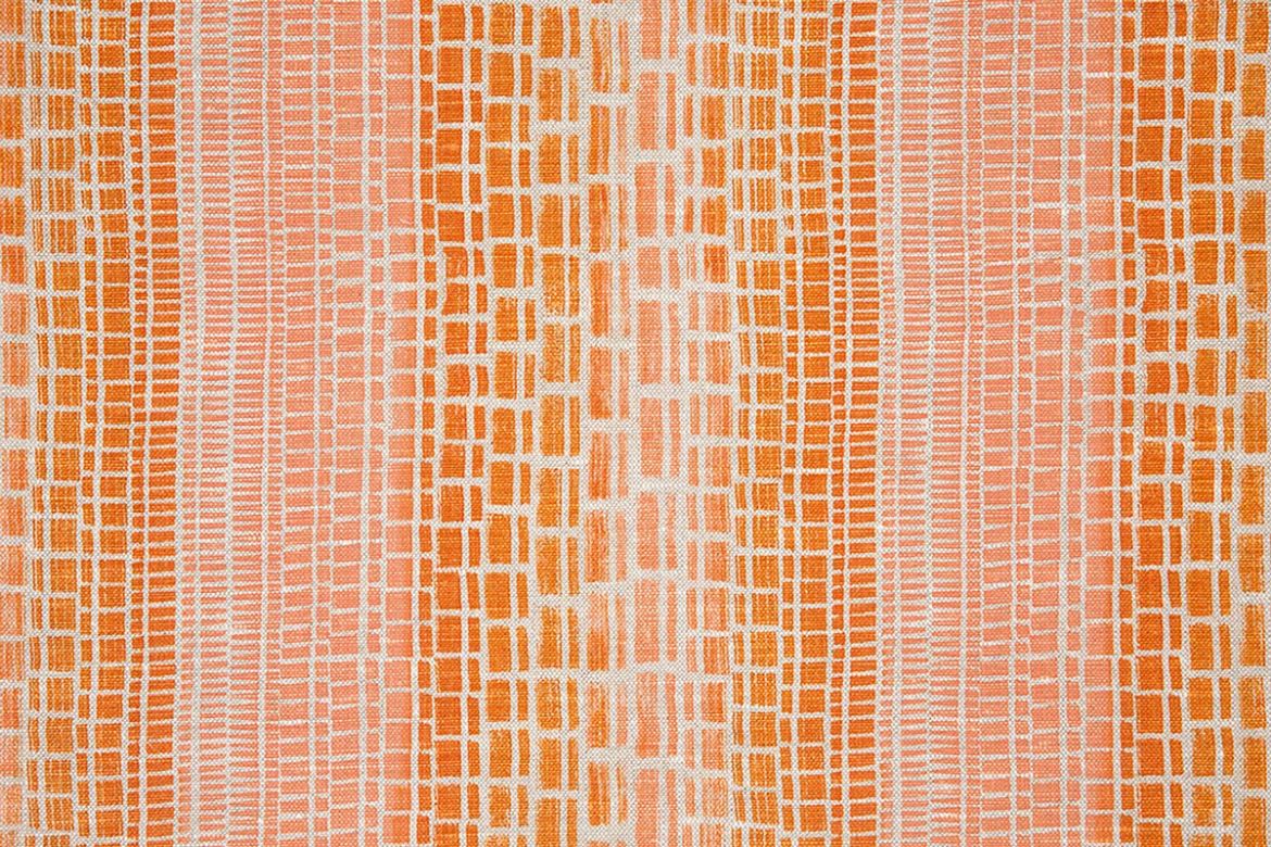 Coral – Faded stripes of tonal coral shades with organic geometric pattern on linen.
