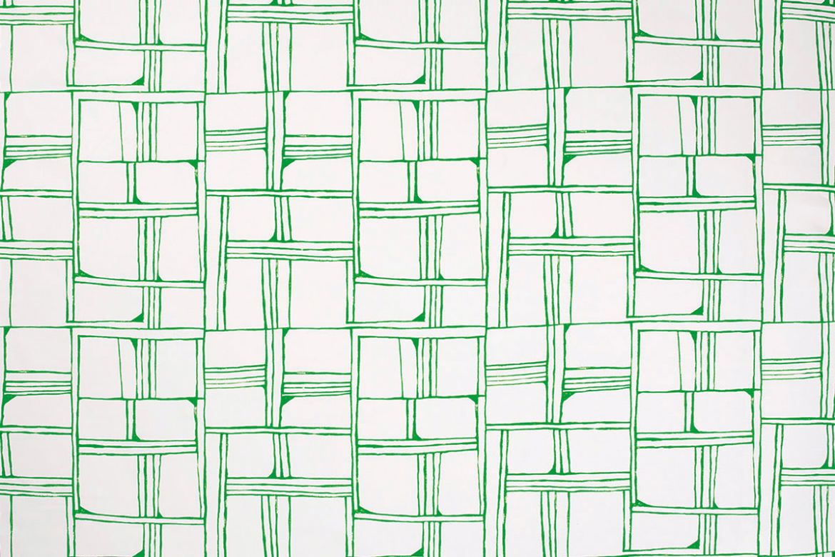 Green – Quadrant printed fabric in green: organic hand-drawn squares and rectangles in green on natural linen.