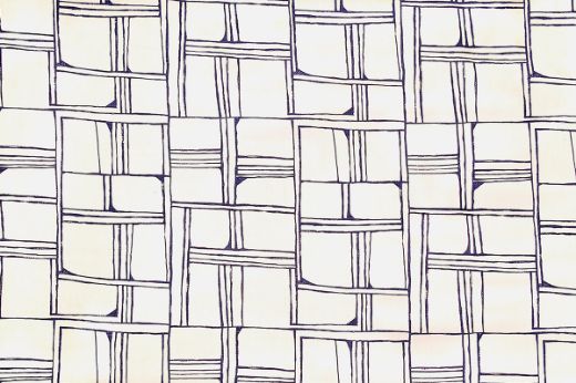 Indigo – Quadrant printed fabric in indigo: sketch-style grid of blue geometric shapes over natural linen.
