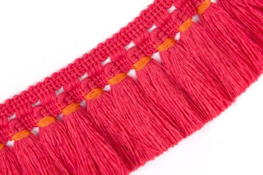 Vibrant pink Hula Fringe Performance Trim with contrasting orange accents, showcasing a lively and bold design.