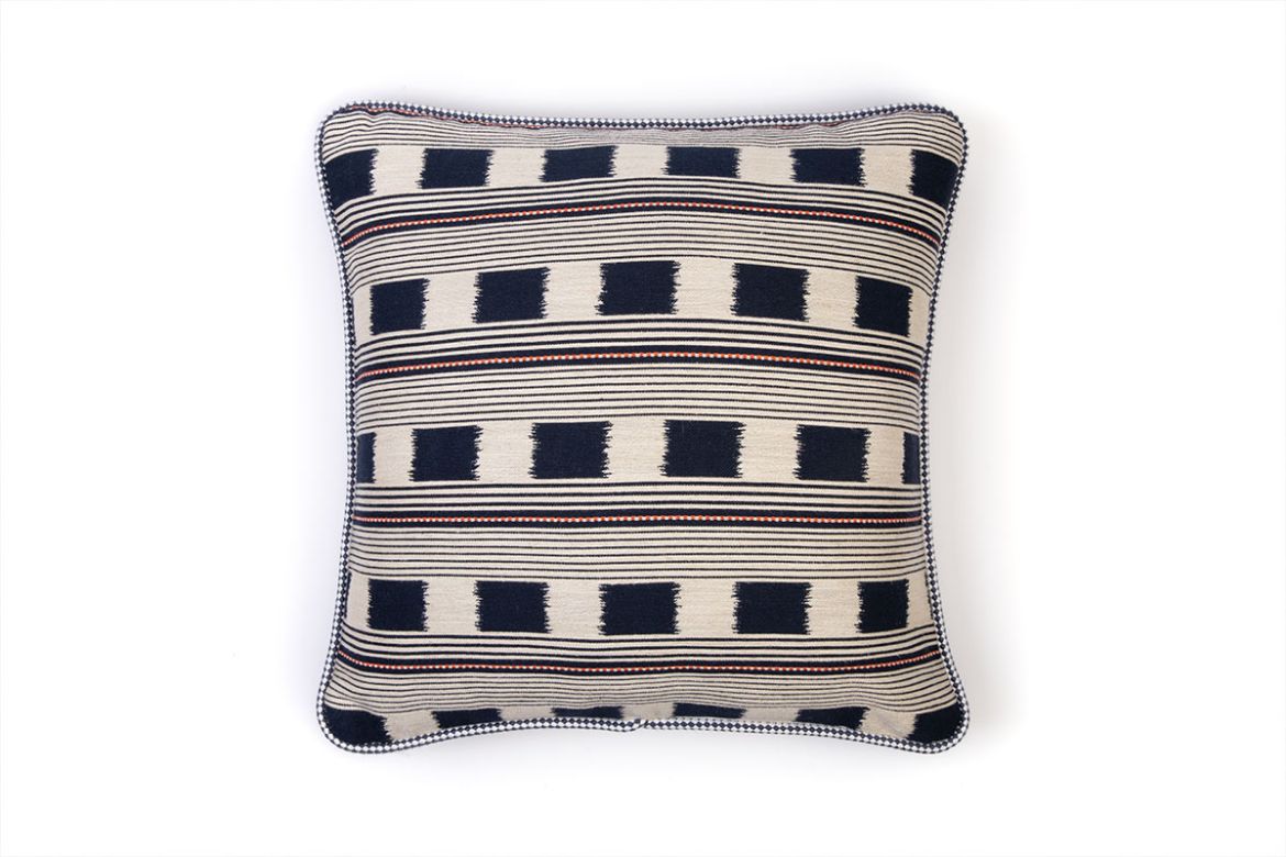 Ticking Stripe Cushion in Dark Indigo – front view showing dotted stripes and repeated squares in deep indigo tones, 50x50cm.