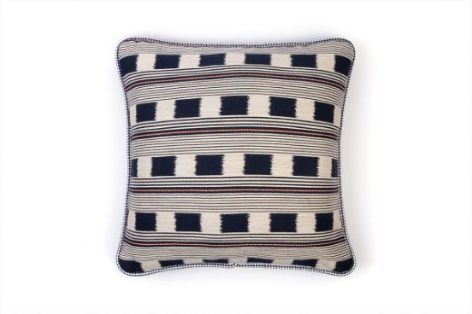 Ticking Stripe Cushion in Dark Indigo – front view showing dotted stripes and repeated squares in deep indigo tones, 50x50cm.