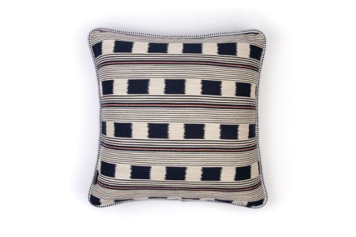 Ticking Stripe Cushion in Dark Indigo – back view with rich indigo ticking stripe and woven motif, 50x50cm.