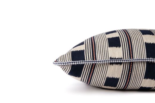 Side view of Ticking Stripe Cushion in Dark Indigo – featuring tonal indigo woven design and crisp edging, 50x50cm.
