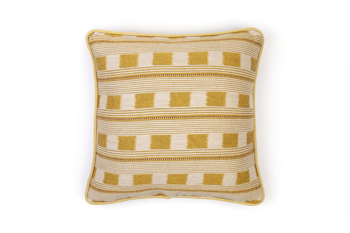 Ticking Stripe Cushion in Lemon – front view with Kit Kemp’s dotted stripe and small squares in fresh lemon yellow, 50x50cm.