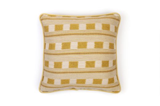 Ticking Stripe Cushion in Lemon – front view with Kit Kemp’s dotted stripe and small squares in fresh lemon yellow, 50x50cm.