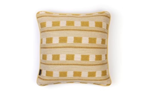 Ticking Stripe Cushion in Lemon – reverse view showing continued woven stripe pattern in soft lemon tones, 50x50cm.