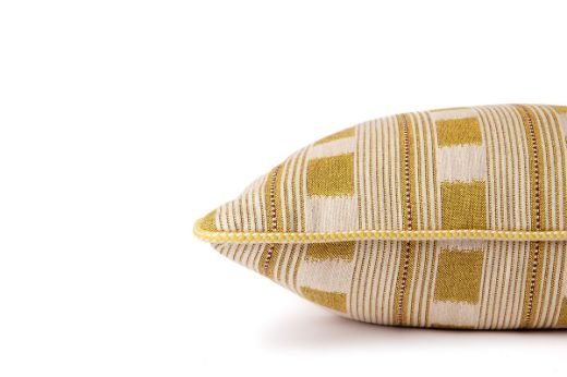Side detail of Ticking Stripe Cushion in Lemon – highlighting lemon striped weave and circus piping edge finish, 50x50cm.