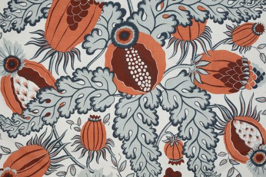 Christopher Farr Cloth Carnival Indoor Print Terracotta. A detailed botanical illustration featuring large stylised flowers in shades of terracotta orange and blue, with intricate leaves and stems on a light background. 