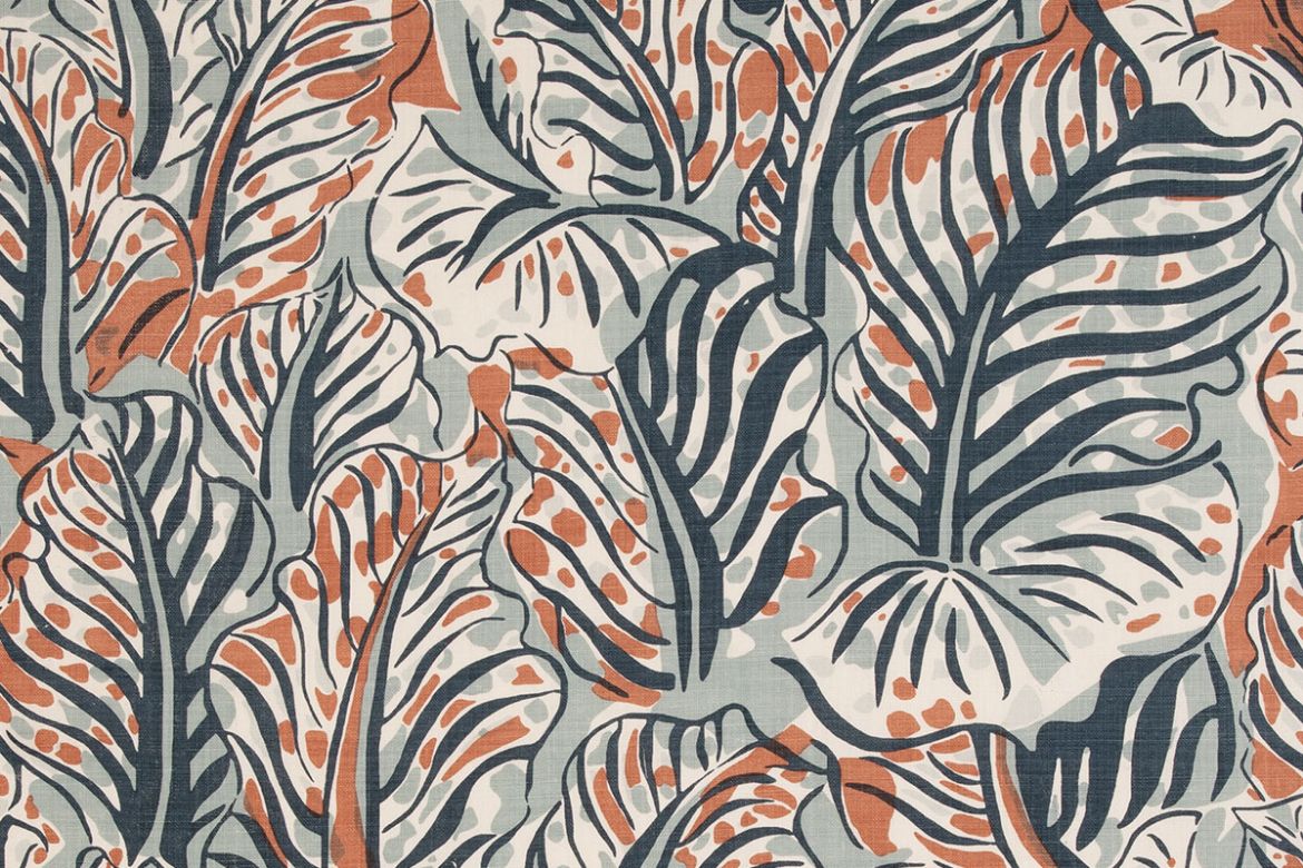 Mille Feuilles printed fabric in Terracotta, a bold abstract leaf design in terracotta with tonal blues, inspired by the painterly legacy of Raoul Dufy.