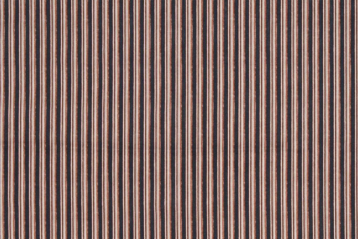 Close-up of Peace and Love fabric in terracotta with indigo and pale blue pinstripes on linen, creating a vibrant contrast.