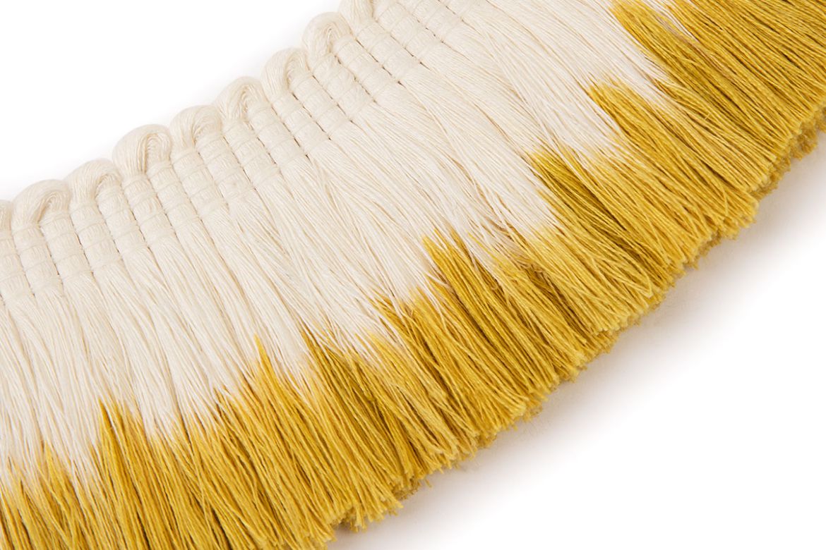 Hand-dip-dyed linen fringe trim in lemon yellow, fading softly into natural linen for a vibrant yet subtle ombré effect.