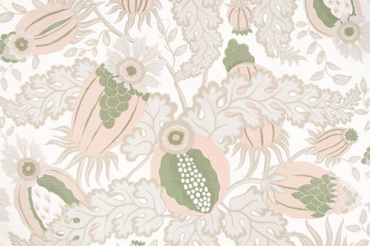 Christopher Farr Cloth Carnival Indoor Print Olive. A detailed botanical illustration featuring large stylised flowers in shades of olive green, pink and beige, with intricate leaves and stems on a light background. 