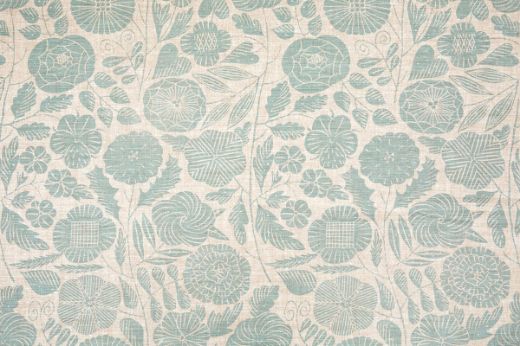Eden Printed Fabric in Aqua, featuring delicate botanical patterns in soft aqua hues over natural linen, offering a fresh and calming aesthetic perfect for contemporary spaces.