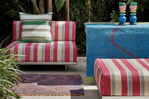 Outdoor seating showing Verano Rosa and a Verano Verde cushion.