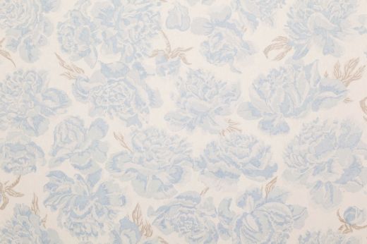 Sky – Peonies Printed Wallpaper in Sky; soft sky-blue floral pattern with pale green leaves on a gentle neutral backdrop, offering a serene and airy floral design.