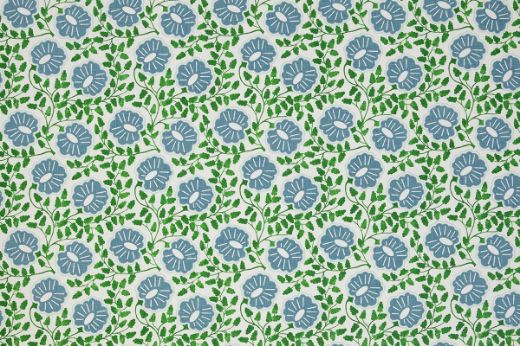 Green foliage with a harmonious blue paisley flower design, highlighting soft floral shapes in green and blue, creating a serene, organic feel.