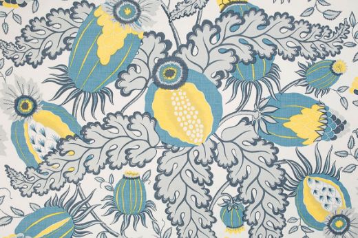 Christopher Farr Cloth Carnival Indoor Print Old Blue. A detailed botanical illustration featuring large stylised flowers in shades of blue, yellow and grey, with intricate leaves and stems on a light background. 