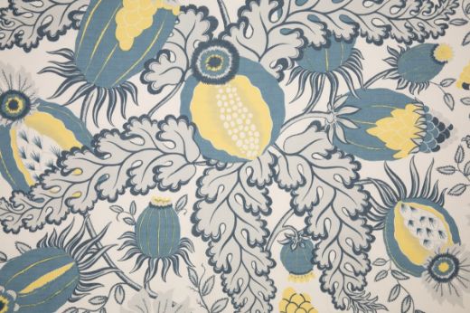Carnival Performance Fabric in Azzurro – striking blue-toned base with yellow Pomegranate floral pattern on performance-grade fabric