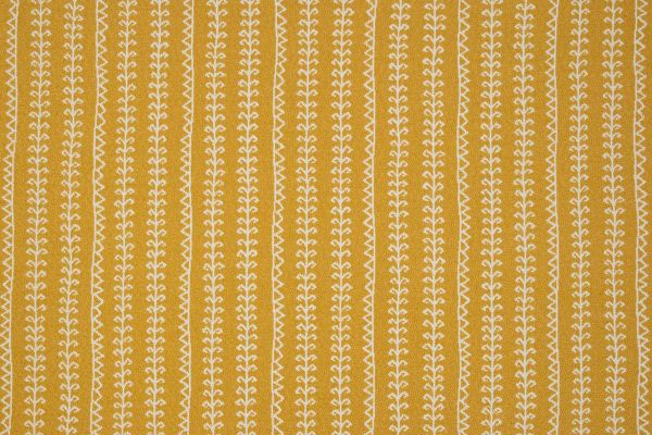 Woven fabric in vibrant yellow with geometric patterned stripes going vertical 