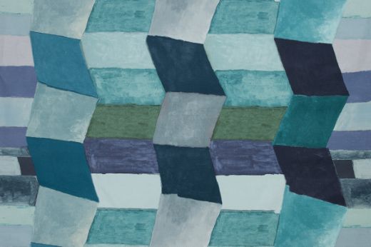 Bright colourful geometric blocks fit together to create a zig zag pattern in tonal blue colours.