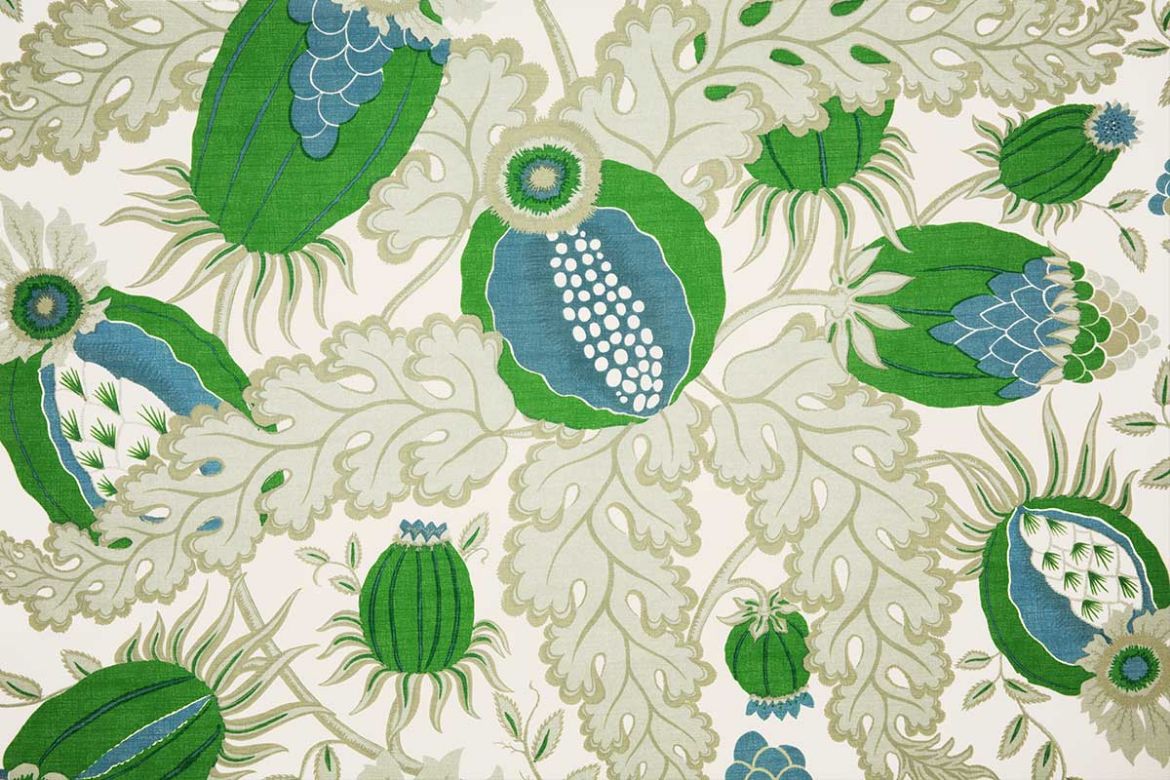 Carnival Performance Fabric in Prato – bold Pomegranate floral print in green tones on durable, fade-resistant fabric for upholstery and outdoor use