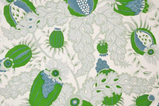 Christopher Farr Cloth Carnival Indoor Print Parakeet. A detailed botanical illustration featuring large stylised flowers in shades of green, blue and white, with intricate leaves and stems on a light background. 