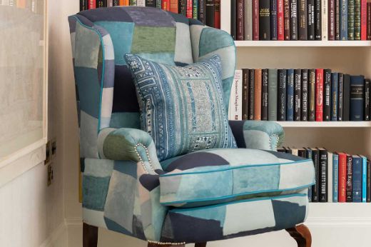 Zig Zag indigo armchair & Time Teller Indigo cushion at Firmdale Hotels, Photography by Oliver White-Smith, Design by Kit Kemp.