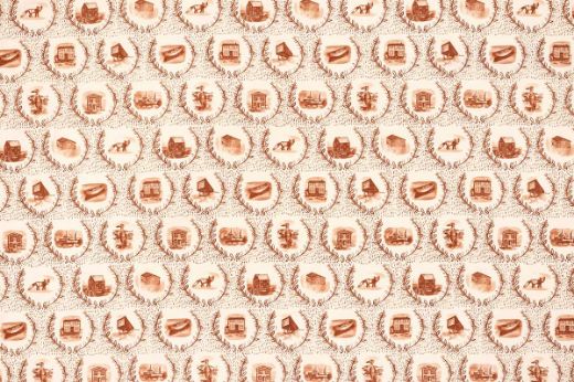 Repeating scenic motifs in warm terracotta on cream background.