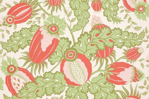 Christopher Farr Cloth Carnival Indoor Print Cirque en Fleur. A detailed botanical illustration featuring large stylised flowers in shades of coral, green and light pink, with intricate leaves and stems on a light background. 
